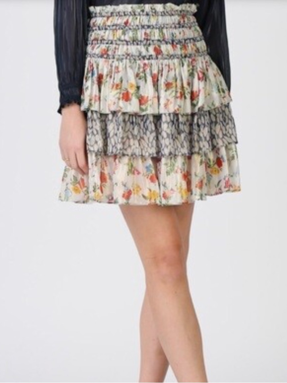 Current Air Cream Tiered Floral Mini Skirt with Multicolor Accents
